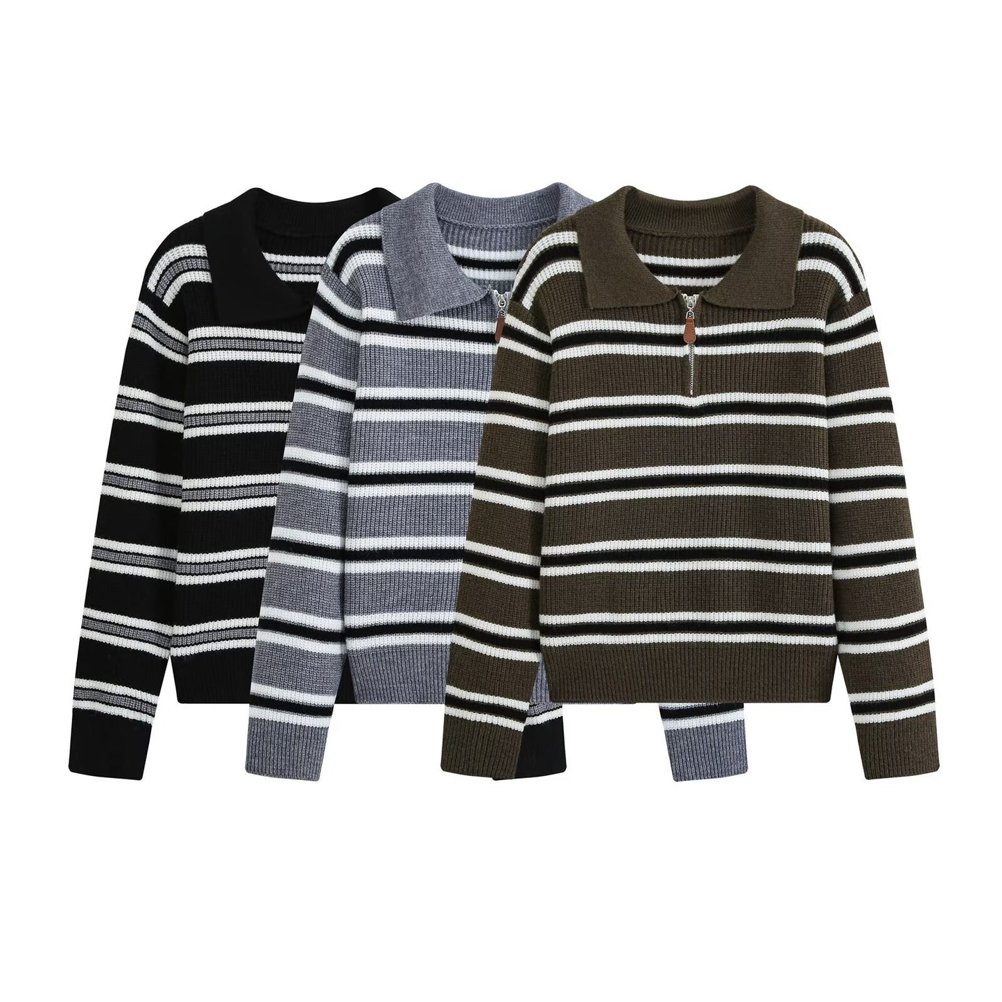 Lazy style simple casual zipper striped knitted sweater