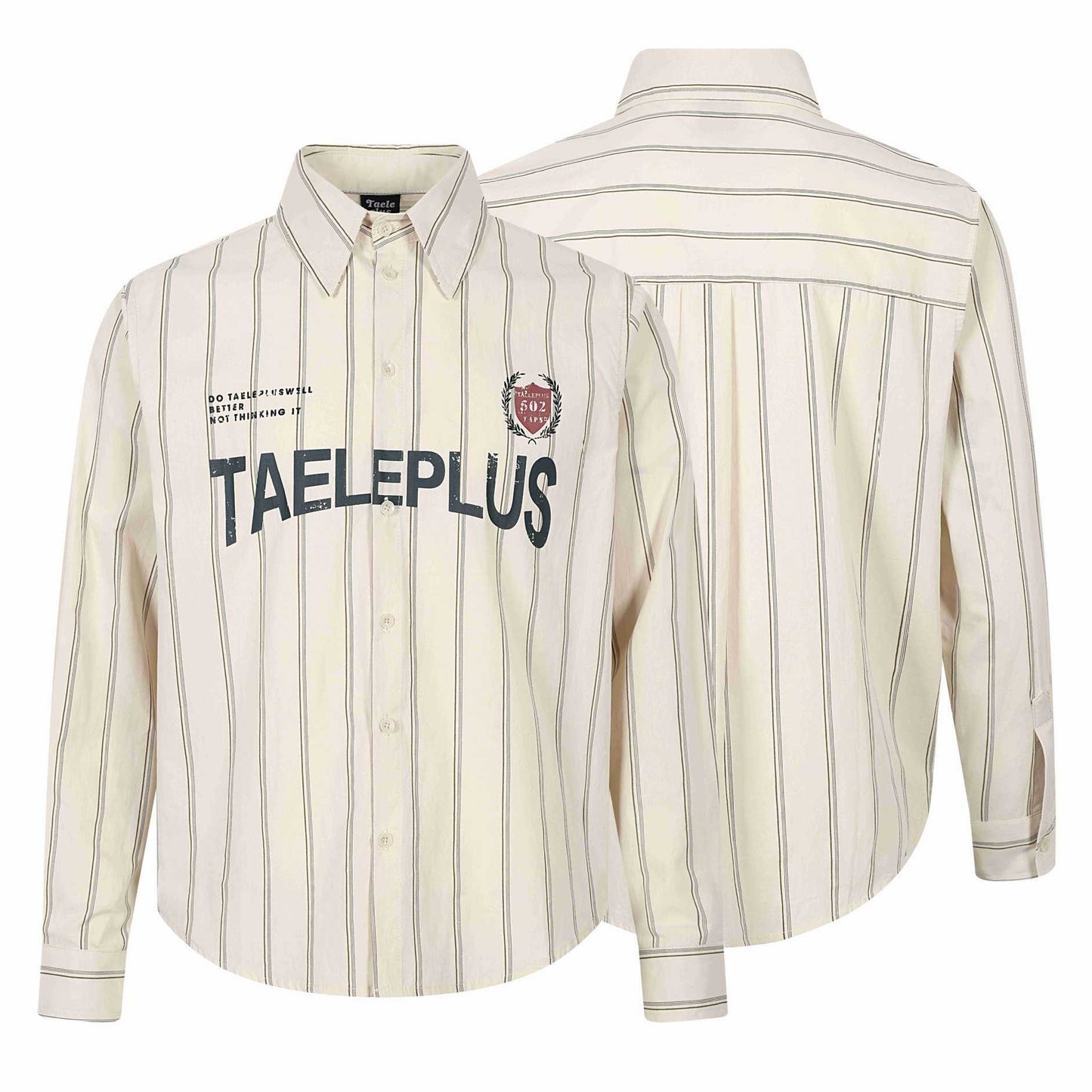 Striped Letter Badge Printed Basic Turn-Down Collar Long Sleeve Shirt