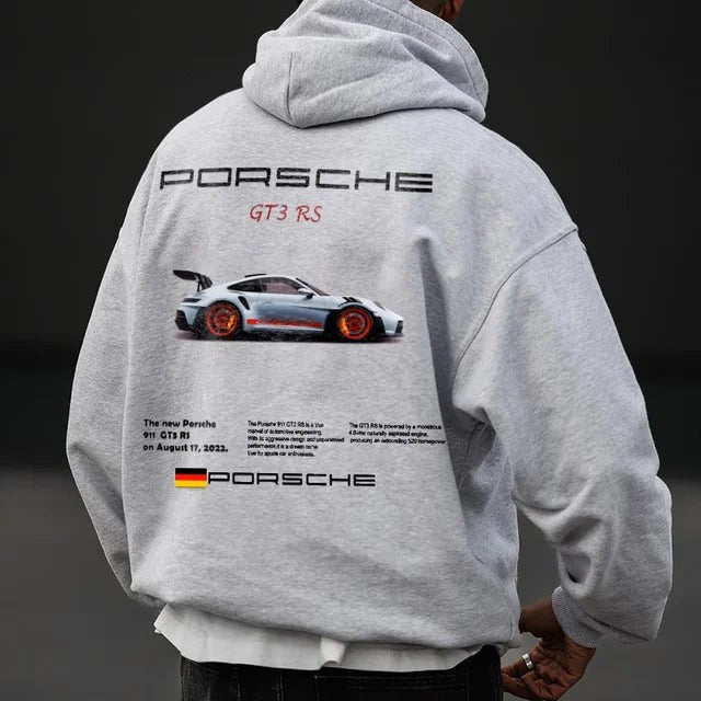 Casual Car Print Hoodie for Men with Heart Pattern, Trendy Hooded Sweatshirt