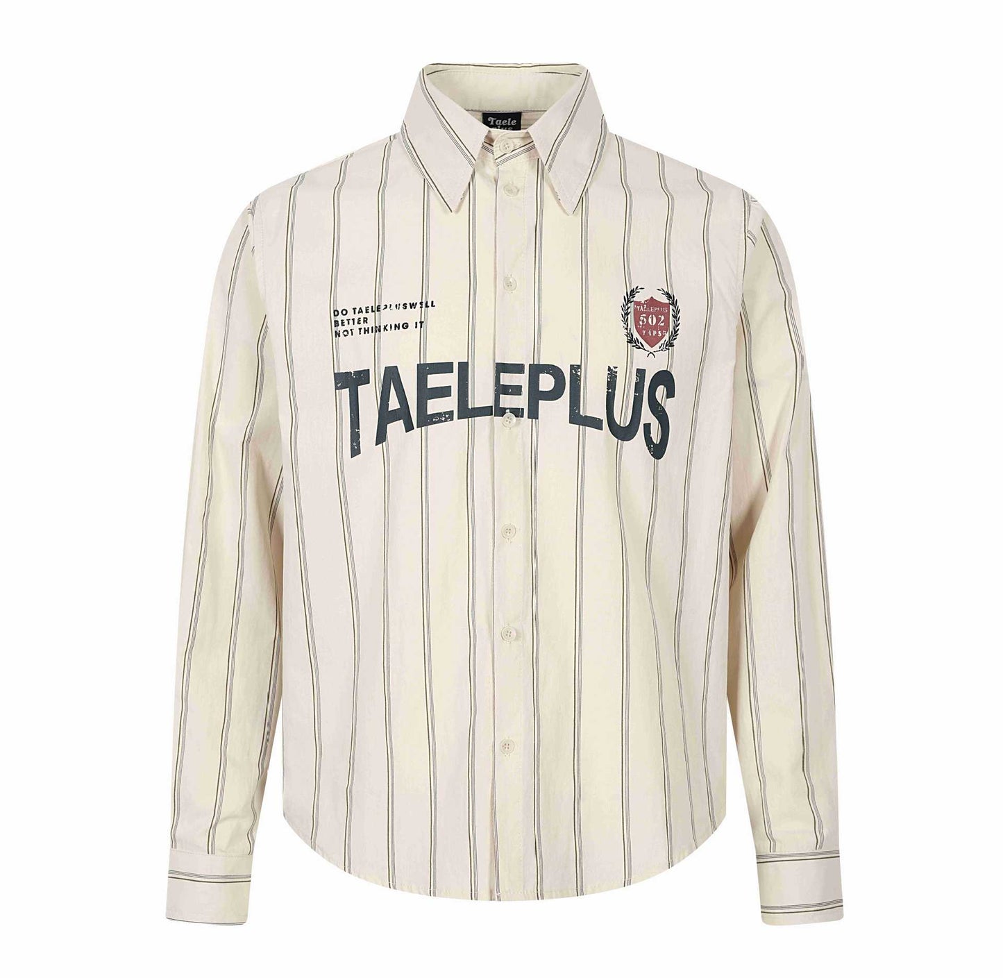 Striped Letter Badge Printed Basic Turn-Down Collar Long Sleeve Shirt