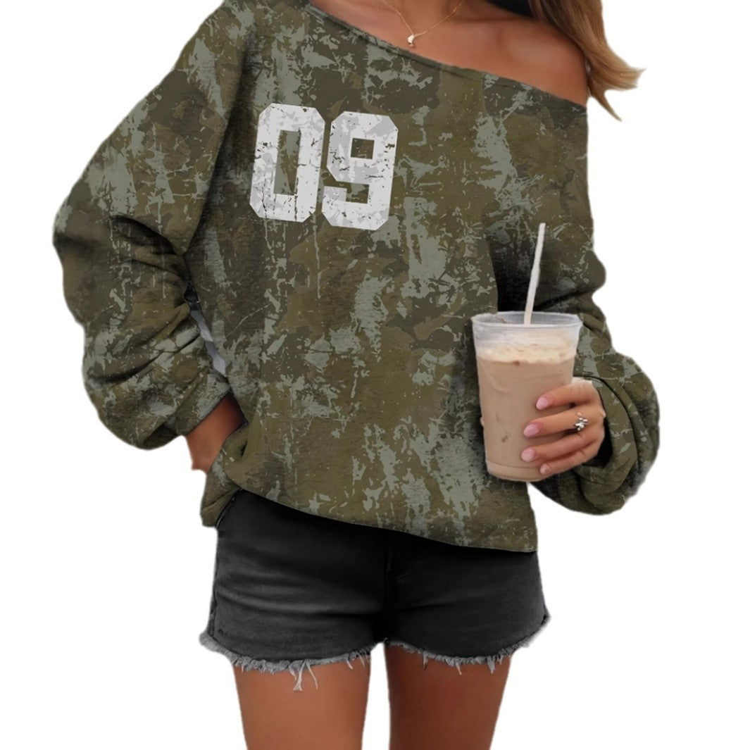 Women's camouflage round neck top camouflage printed round neck sweatshirt pullover sweatshirt long sleeved casual women's clothing