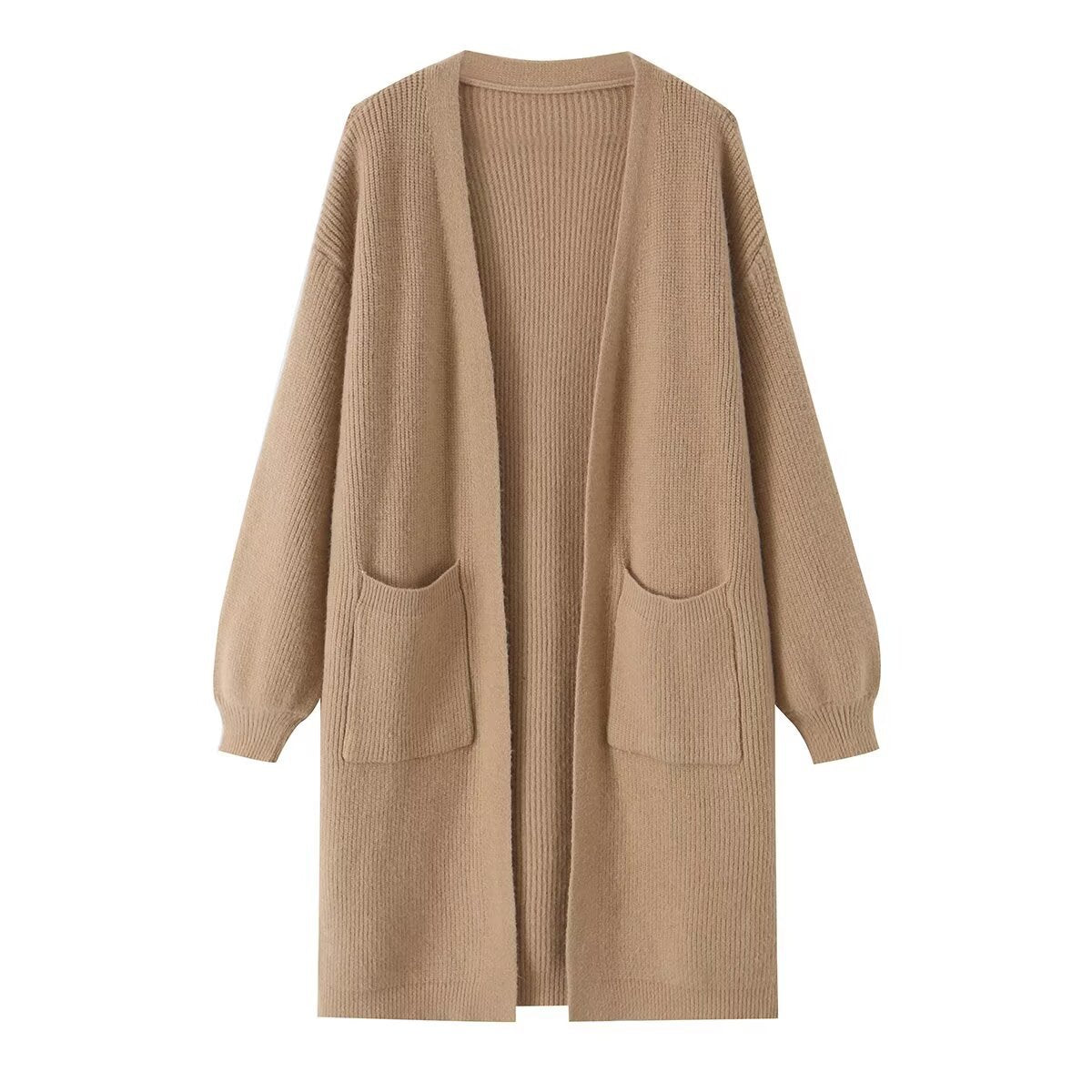 Solid color pocket decoration long knitted cardigan