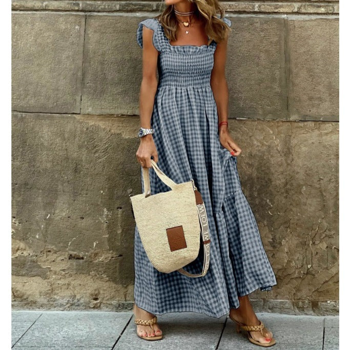 Chic Women's Patchwork Plaid Strap Dress with Elastic Waist and Flared Silhouette