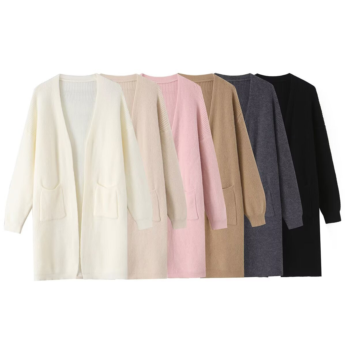 Solid color pocket decoration long knitted cardigan