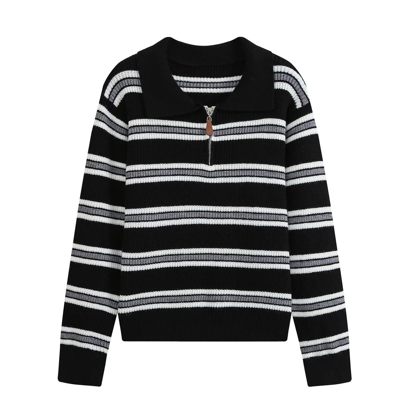 Lazy style simple casual zipper striped knitted sweater