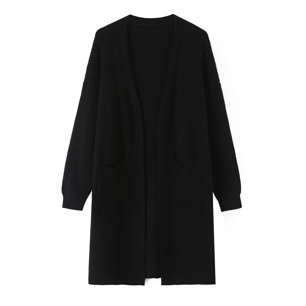 Solid color pocket decoration long knitted cardigan