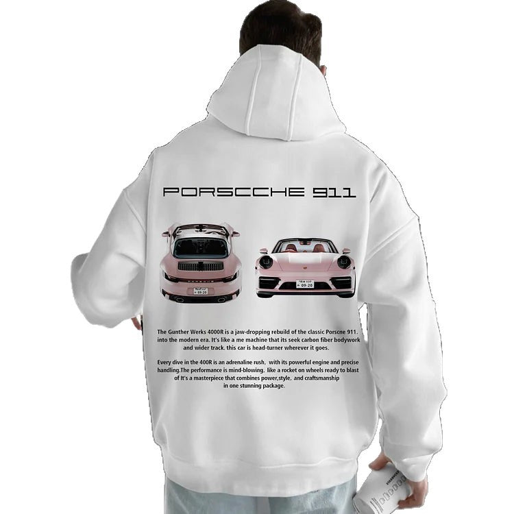 Casual Car Print Hoodie for Men with Heart Pattern, Trendy Hooded Sweatshirt