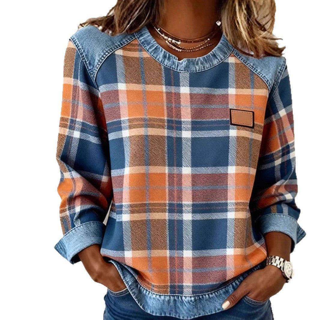 Chic Plaid Patchwork Denim Round Neck Loose Women's Hoodie