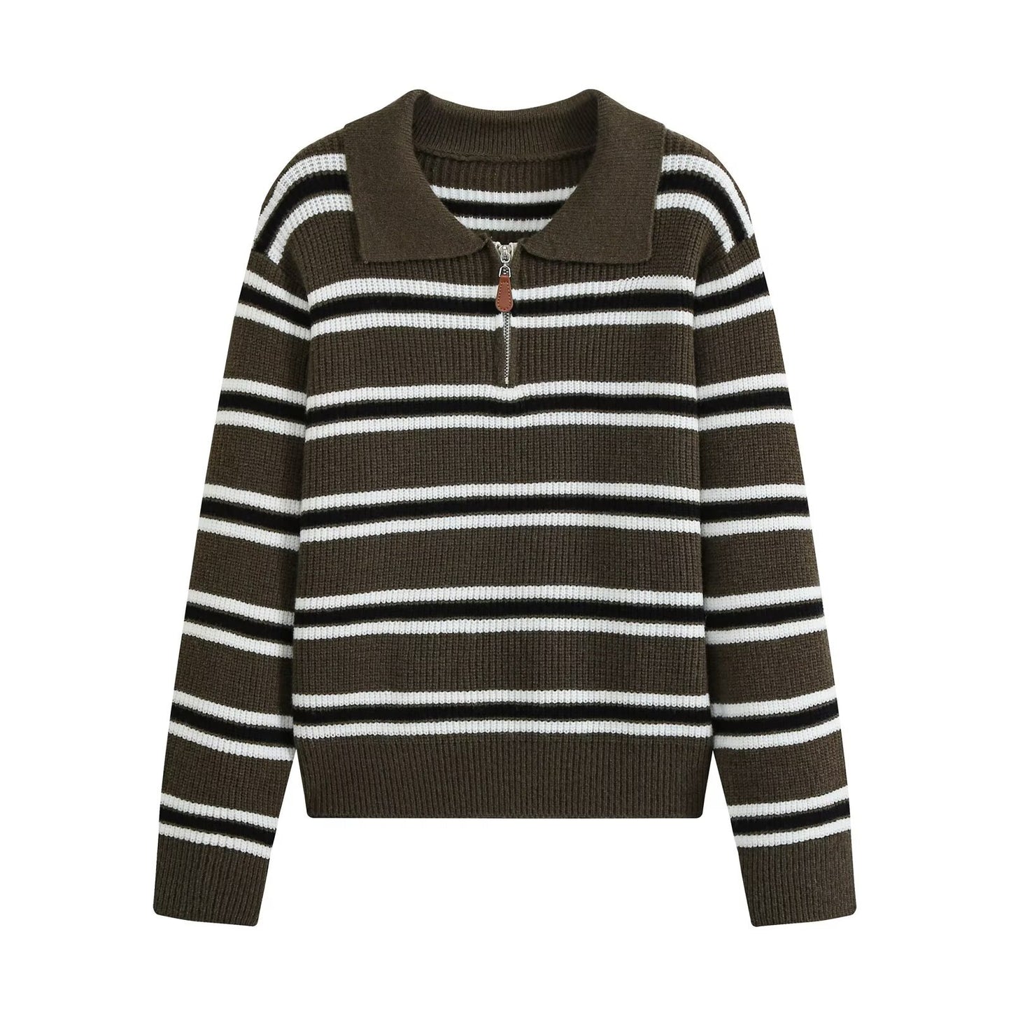 Lazy style simple casual zipper striped knitted sweater