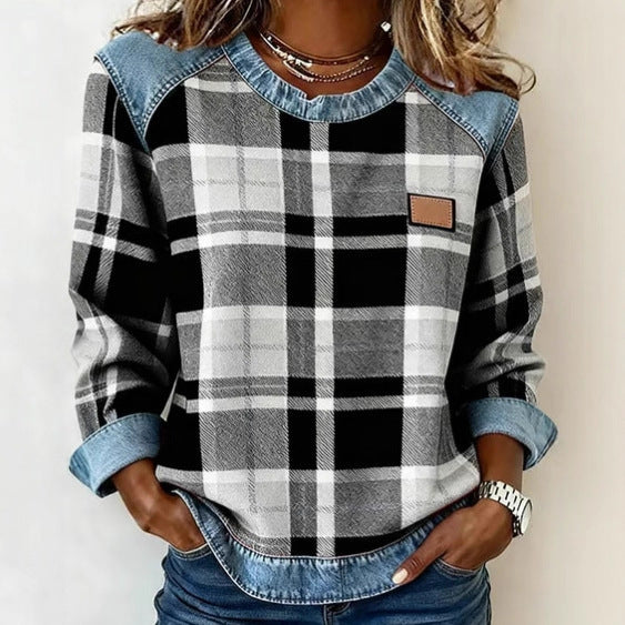 Chic Plaid Patchwork Denim Round Neck Loose Women's Hoodie
