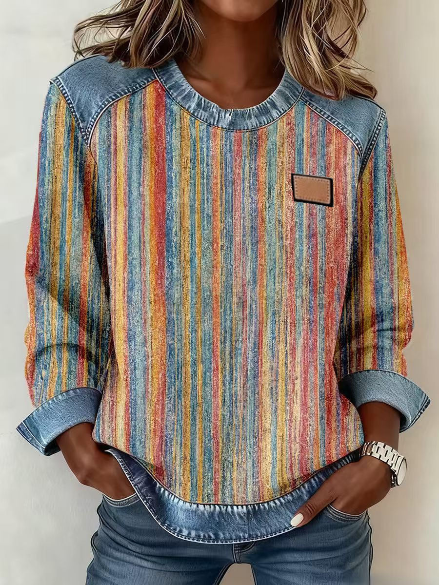 Chic Plaid Patchwork Denim Round Neck Loose Women's Hoodie