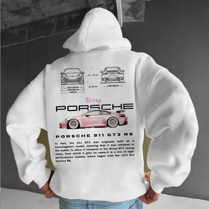 Casual Car Print Hoodie for Men with Heart Pattern, Trendy Hooded Sweatshirt