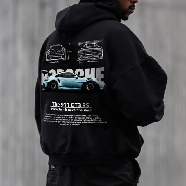 Casual Car Print Hoodie for Men with Heart Pattern, Trendy Hooded Sweatshirt