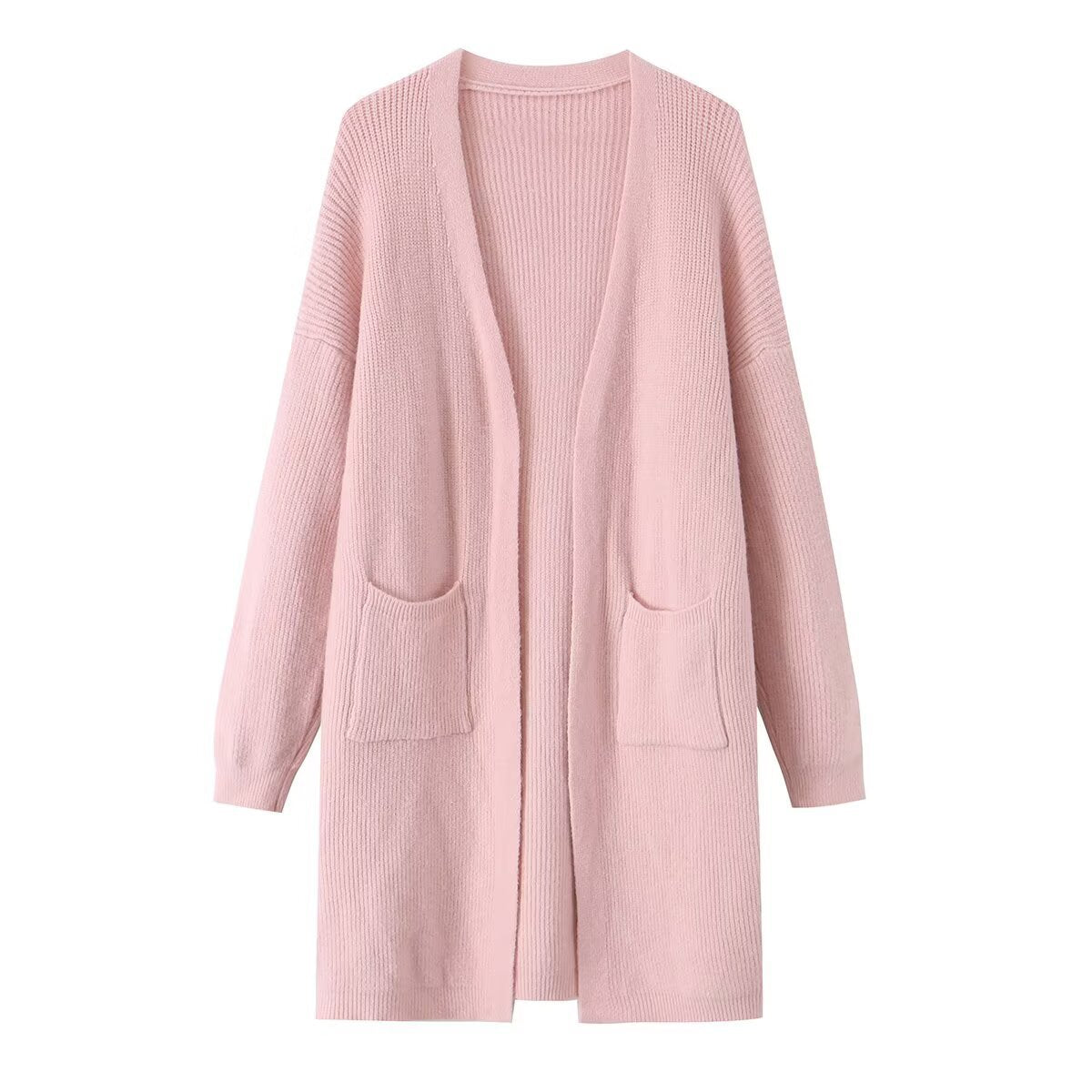 Solid color pocket decoration long knitted cardigan