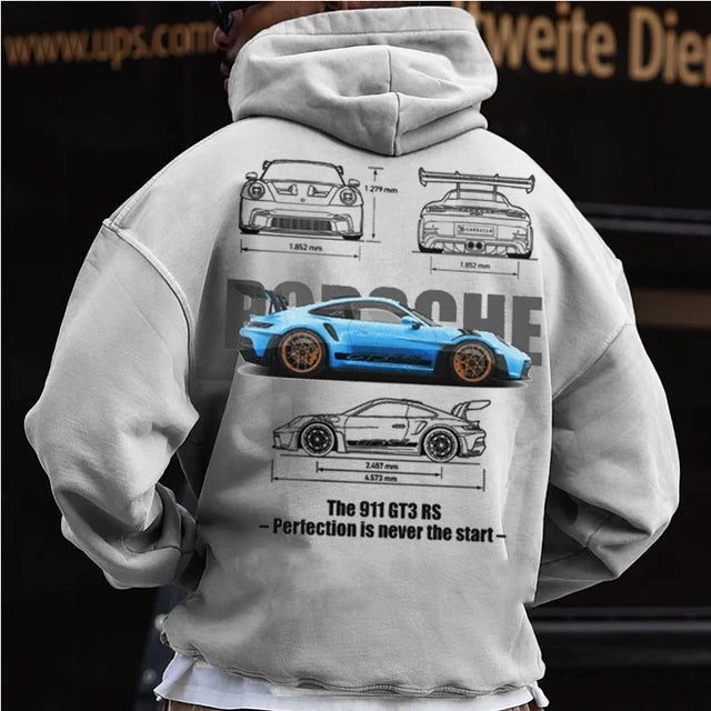 Casual Car Print Hoodie for Men with Heart Pattern, Trendy Hooded Sweatshirt