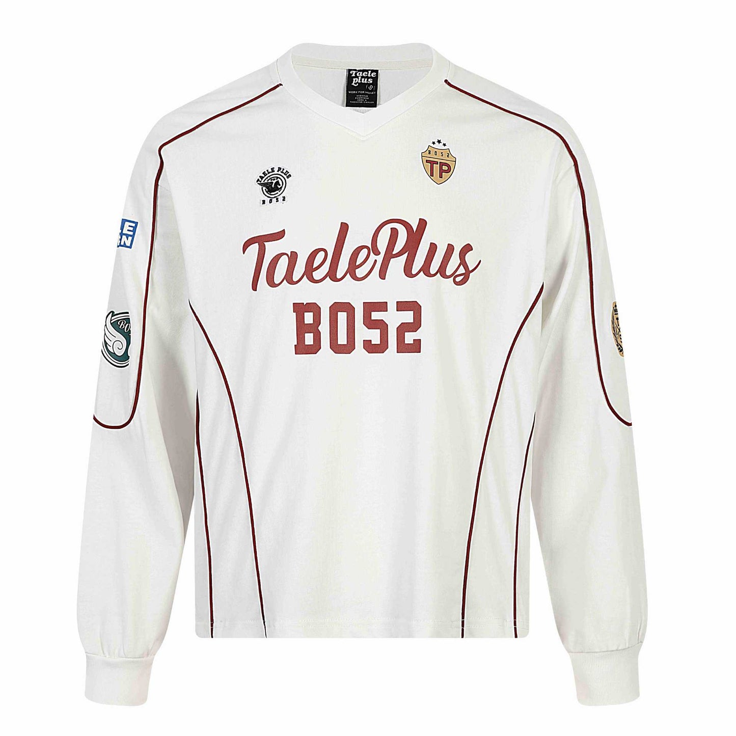 Sporty Split Printed Patch V-Neck Vintage Spliced Long Sleeve T-Shirt