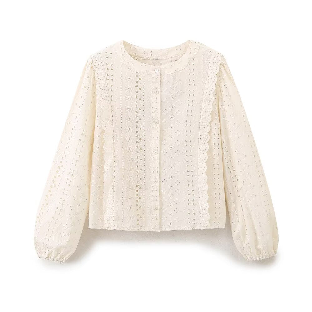 French hollow embroidery long sleeved shirt