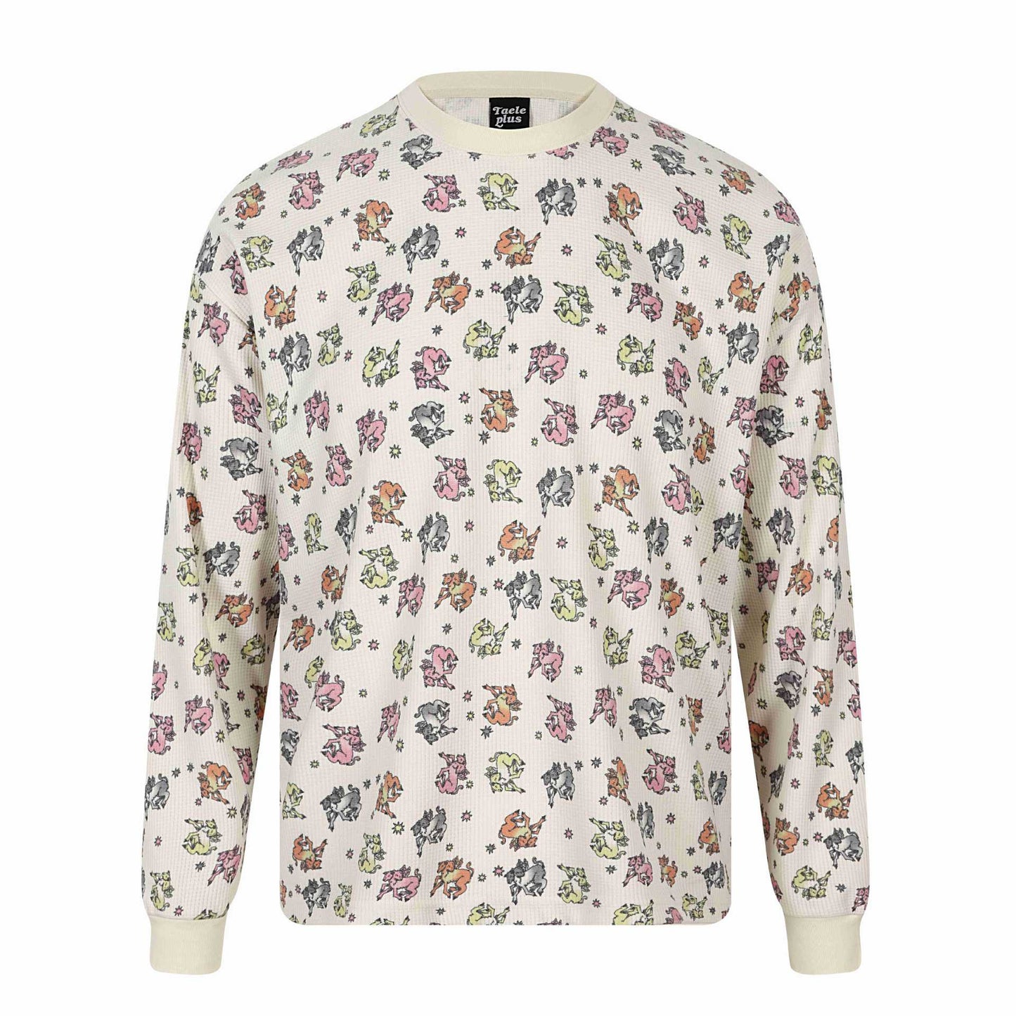 All-over Print Double-Headed Devil Sheep Star Pattern Round Neck Long Sleeve T-Shirt