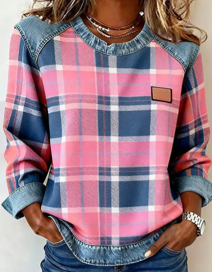 Chic Plaid Patchwork Denim Round Neck Loose Women's Hoodie