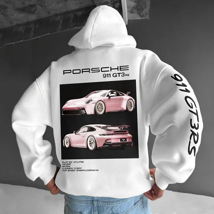 Casual Car Print Hoodie for Men with Heart Pattern, Trendy Hooded Sweatshirt