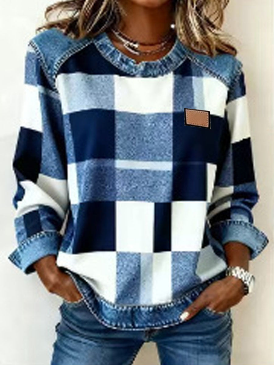 Chic Plaid Patchwork Denim Round Neck Loose Women's Hoodie