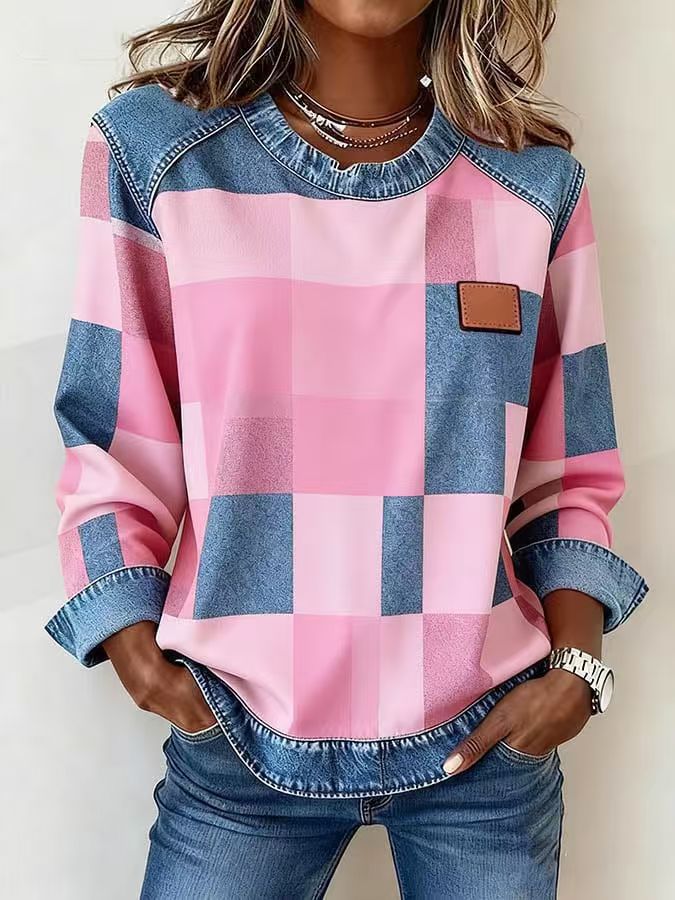 Chic Plaid Patchwork Denim Round Neck Loose Women's Hoodie