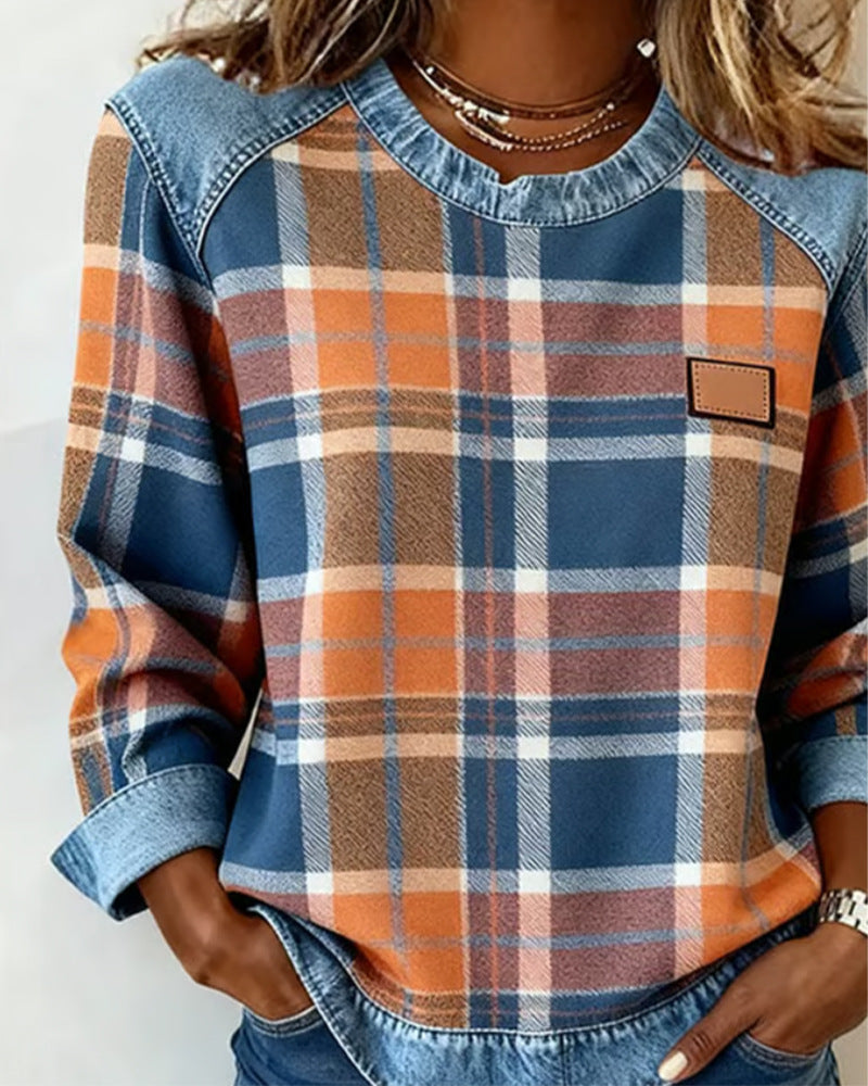 Chic Plaid Patchwork Denim Round Neck Loose Women's Hoodie