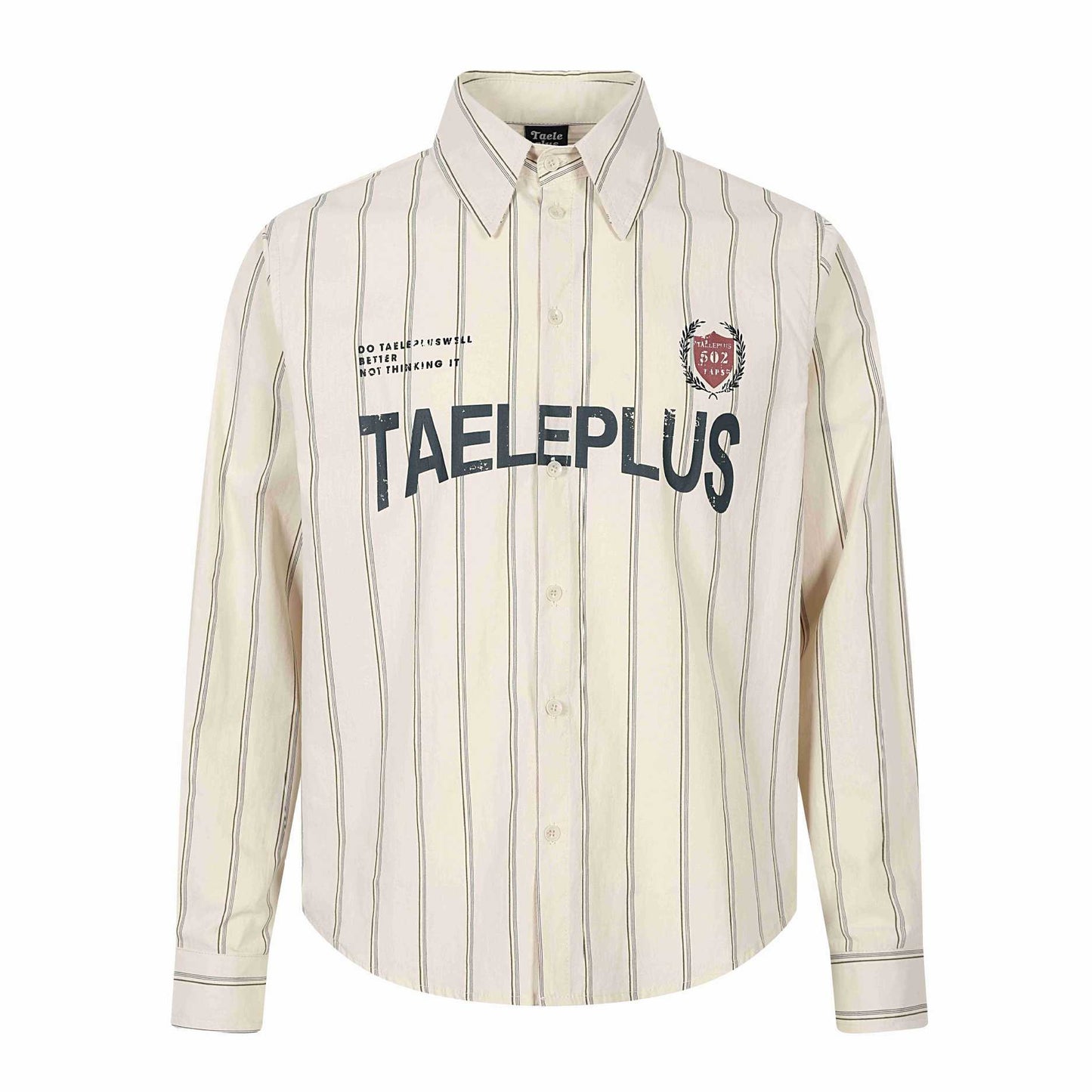 Striped Letter Badge Printed Basic Turn-Down Collar Long Sleeve Shirt