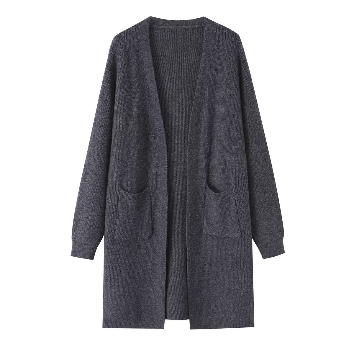 Solid color pocket decoration long knitted cardigan