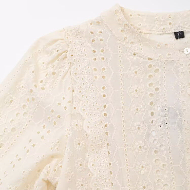 French hollow embroidery long sleeved shirt