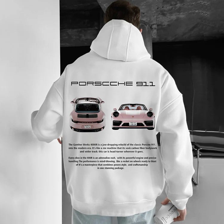 Casual Car Print Hoodie for Men with Heart Pattern, Trendy Hooded Sweatshirt