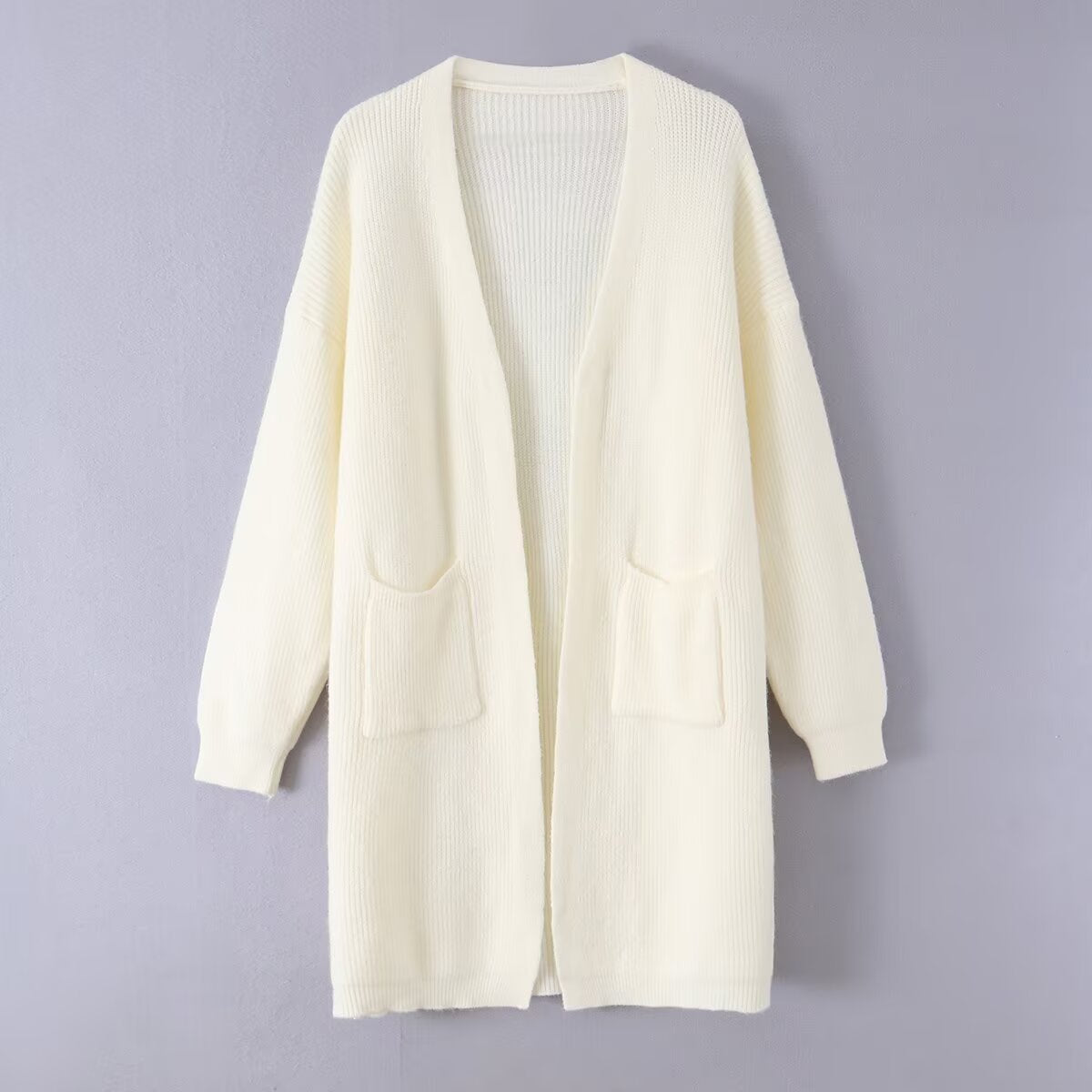 Solid color pocket decoration long knitted cardigan