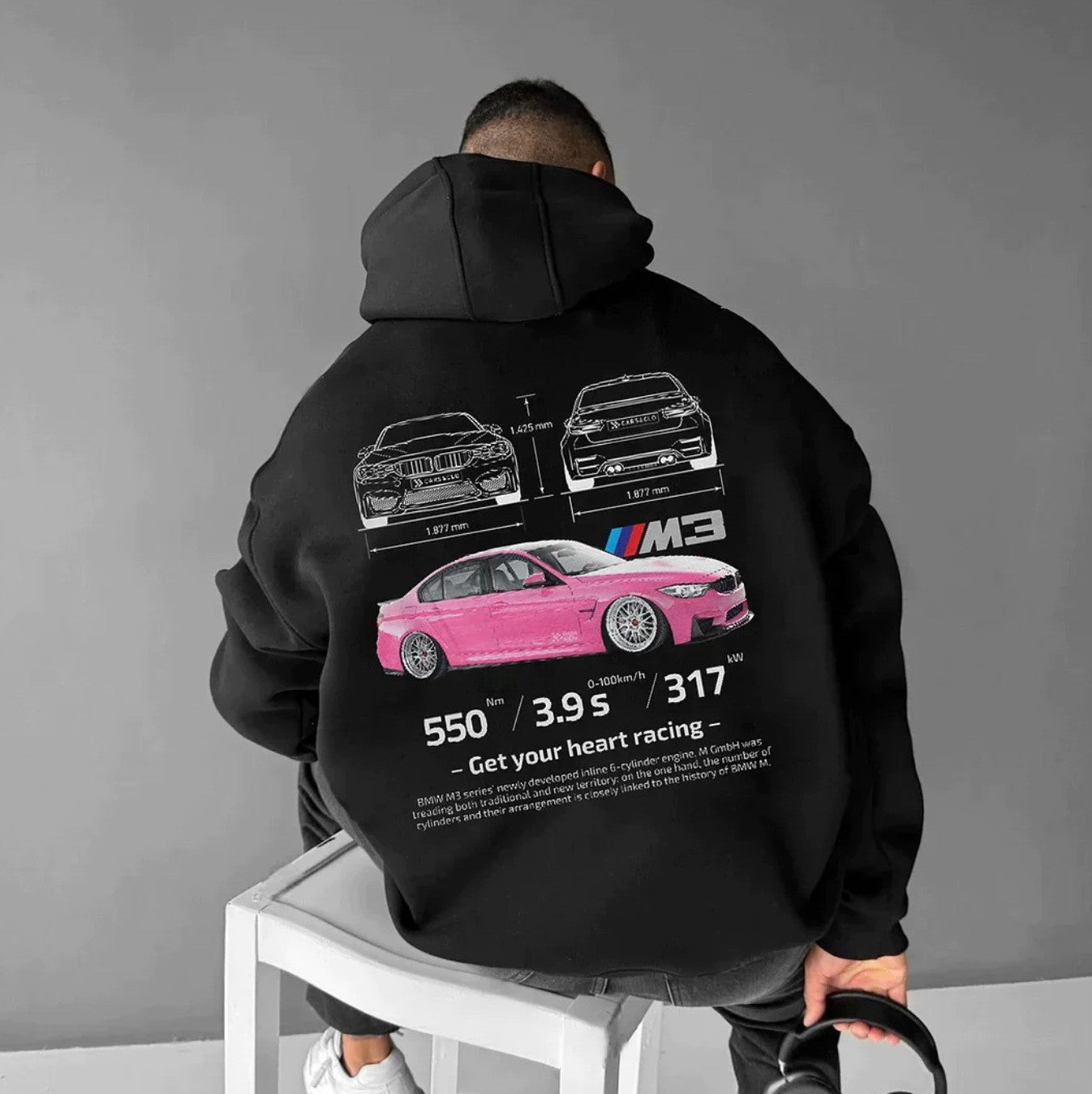 Casual Car Print Hoodie for Men with Heart Pattern, Trendy Hooded Sweatshirt