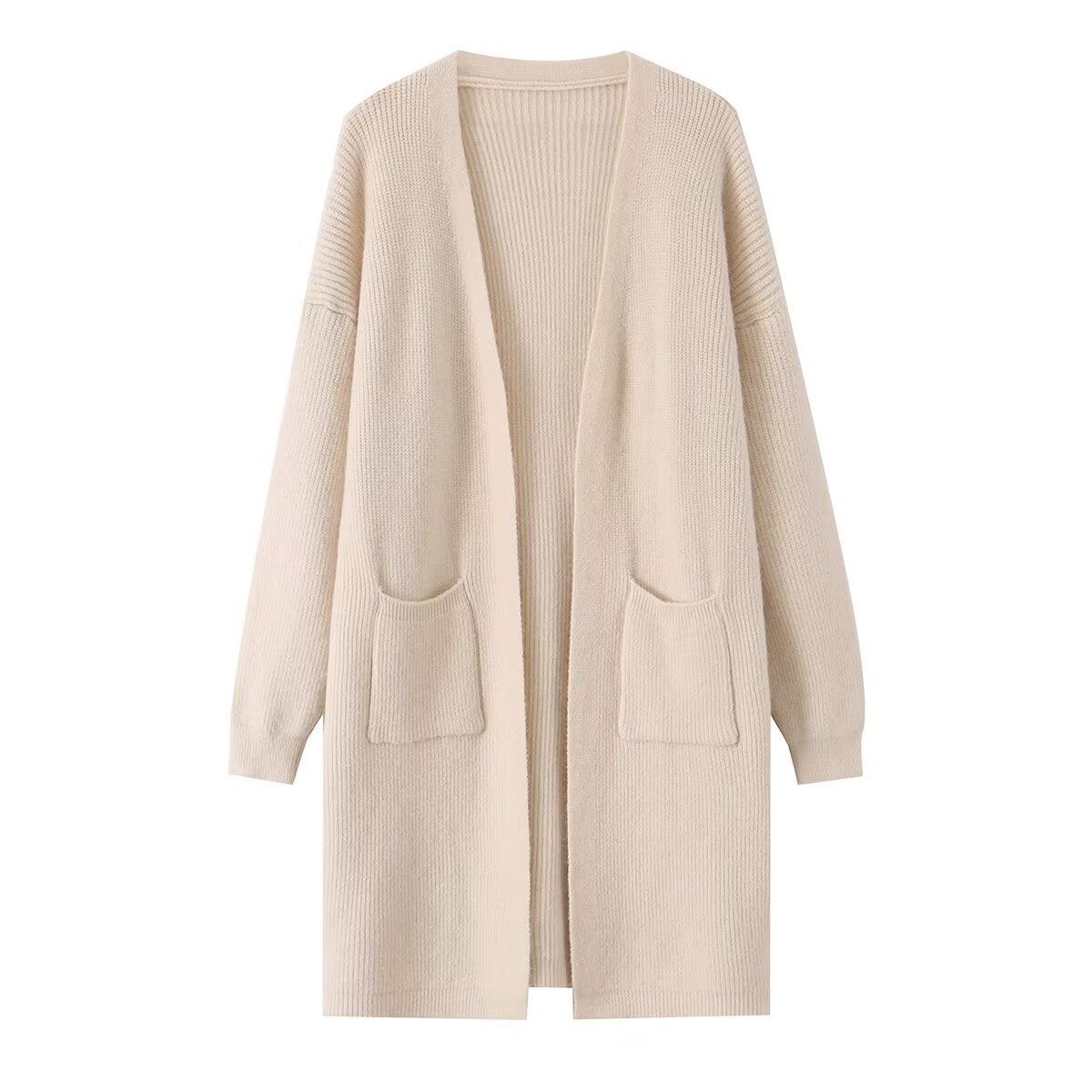 Solid color pocket decoration long knitted cardigan
