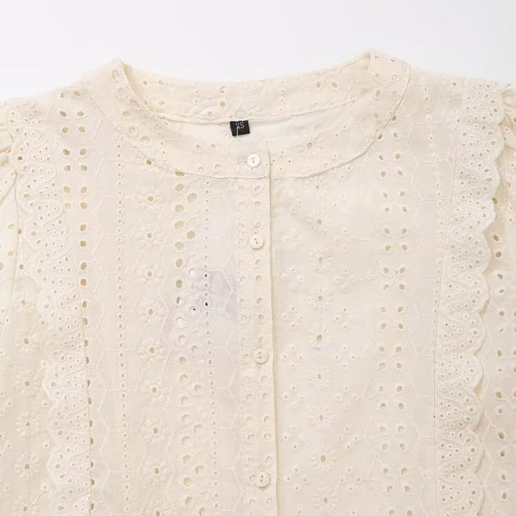 French hollow embroidery long sleeved shirt