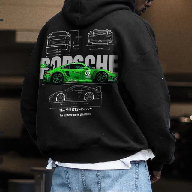 Casual Car Print Hoodie for Men with Heart Pattern, Trendy Hooded Sweatshirt