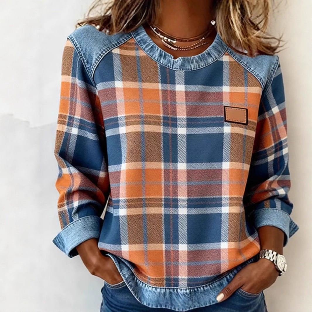 Chic Plaid Patchwork Denim Round Neck Loose Women's Hoodie