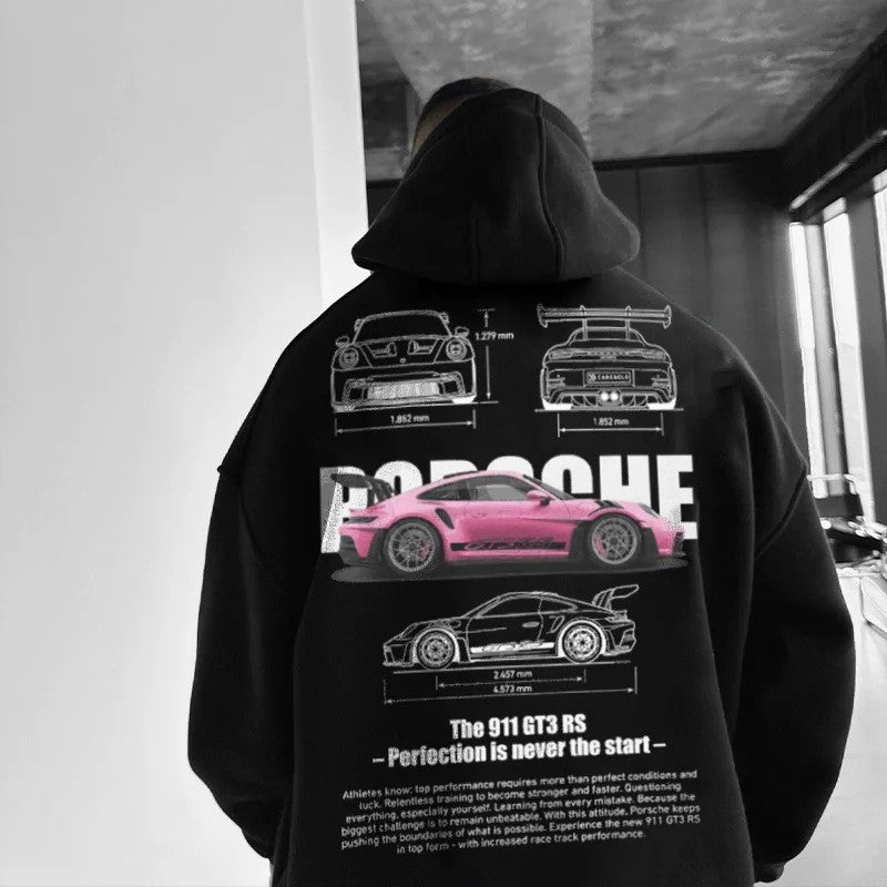 Casual Car Print Hoodie for Men with Heart Pattern, Trendy Hooded Sweatshirt