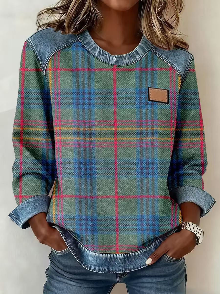 Chic Plaid Patchwork Denim Round Neck Loose Women's Hoodie