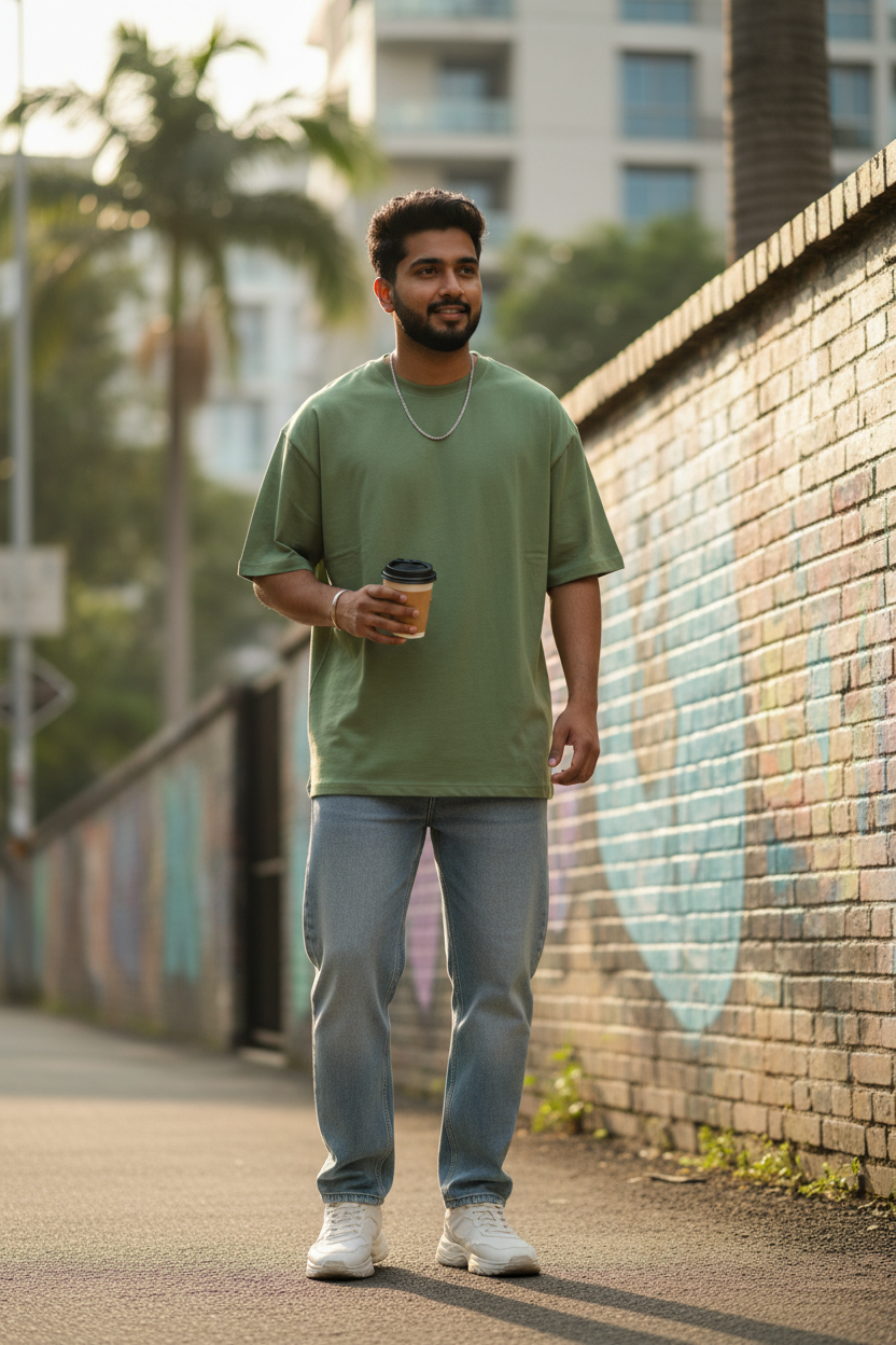 Oversized 220 GSM Avocado Green Cotton T-Shirt